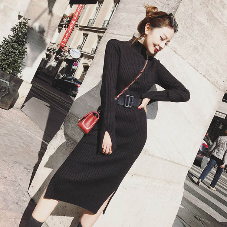 Minana 送料無料 ニットワンピース レディース リブワンピース きれいめ お洒落 ロングワンピース ミモレ丈 秋冬 タイト 長袖 ニットセーター ロングニット 大きいサイズ ハイネック 着痩せ ストレッチ ベルト付き