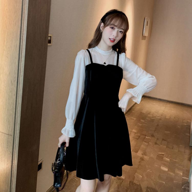 Minana ベロアワンピース レディース ワンピース 切り替えワンピース 長袖 ショートワンピース ショート丈 ベロア風 Aライン レース付き リボン付き フェイクレイヤード 大人可愛い フェミニン お洒落 こなれ感 春新作