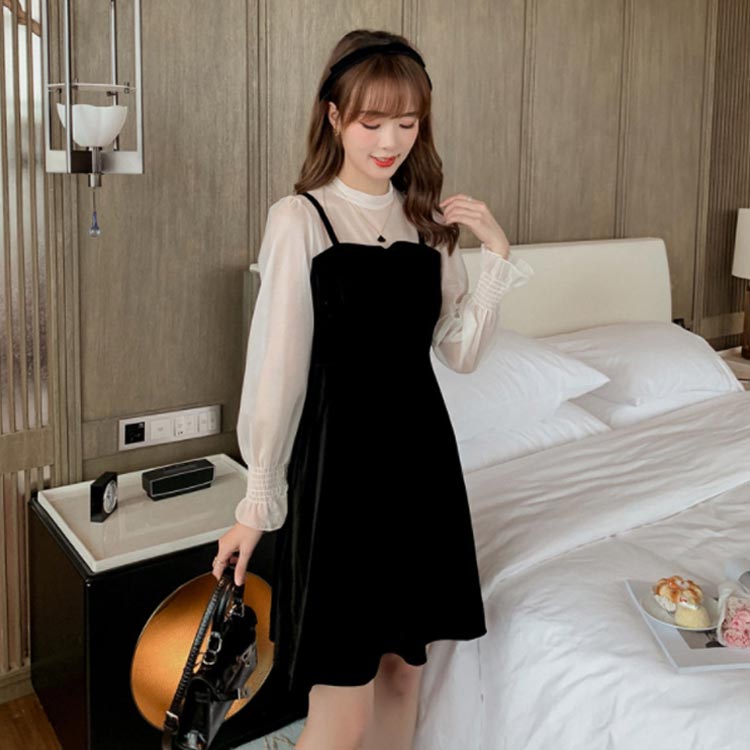 Minana ベロアワンピース レディース ワンピース 切り替えワンピース 長袖 ショートワンピース ショート丈 ベロア風 Aライン レース付き リボン付き フェイクレイヤード 大人可愛い フェミニン お洒落 こなれ感 春新作