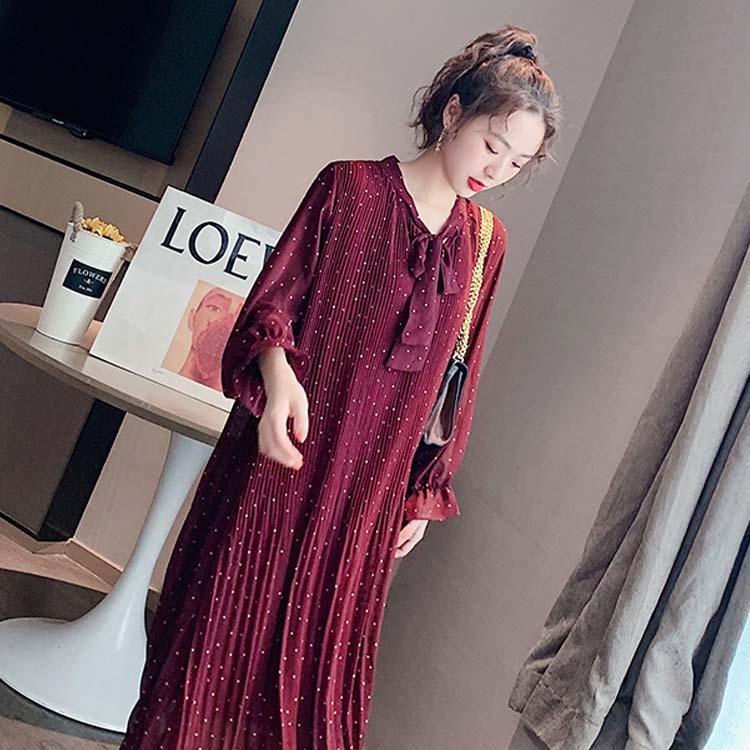 Minana シフォンワンピース レディース ワンピース マキシワンピース ロングワンピース プリーツワンピース パーティーワンピース 春ワンピース 長袖 ベルト付き ふんわり ロング丈 キャンディー袖 体型カバー 透け感 かわいい きれいめ ドット柄 大人 上品 着痩せ