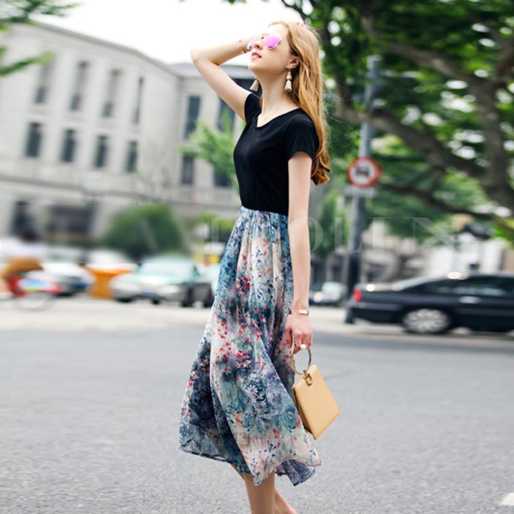 Minana 夏ワンピース レディース 春ワンピース 無地 花柄 プリン Onepiece ロングワンピ ドッキングワンピース 半袖 Tシャツワンピース お出かけ デート カジュアル 通勤 通学 春夏