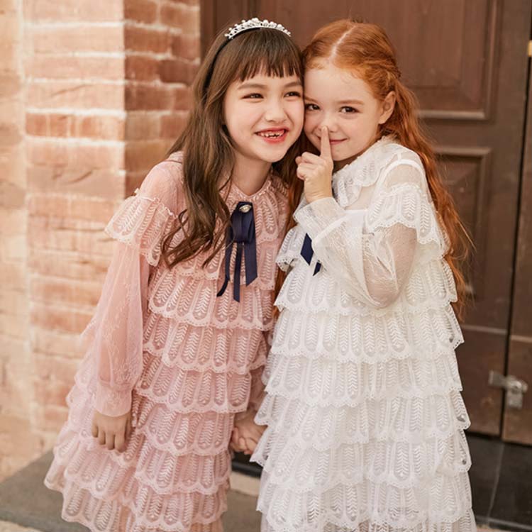 Minana チュールワンピース 子供服 ワンピース ティアードワンピース レースワンピース 長袖 レース リボン付き 女の子 女児 ミディアム ワンピース 膝丈ワンピース リボン 花柄レース ふんわり チュール 可愛い お姫様 パーティー