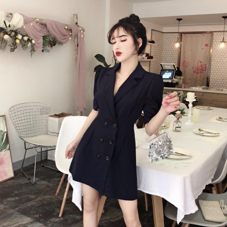 Minana ワンピース レディース ショートワンピース ミニワンピース スーツ風ワンピース ダブルボタン 半袖 ショート丈 Aライン フレア ハイウエスト Vネック 無地 キレイめ お洒落 こなれ感 すっきり 大人 夏新作