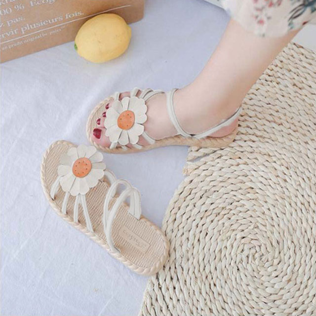 Minana スリッパサンダル レディース サンダル フラットサンダル 花飾り お花付き ストラップサンダル フラットソール ローヒール 麦わら模様 キレイめ カジュアル シンプル 爽やか お洒落 靴 シューズ 夏物 夏新作