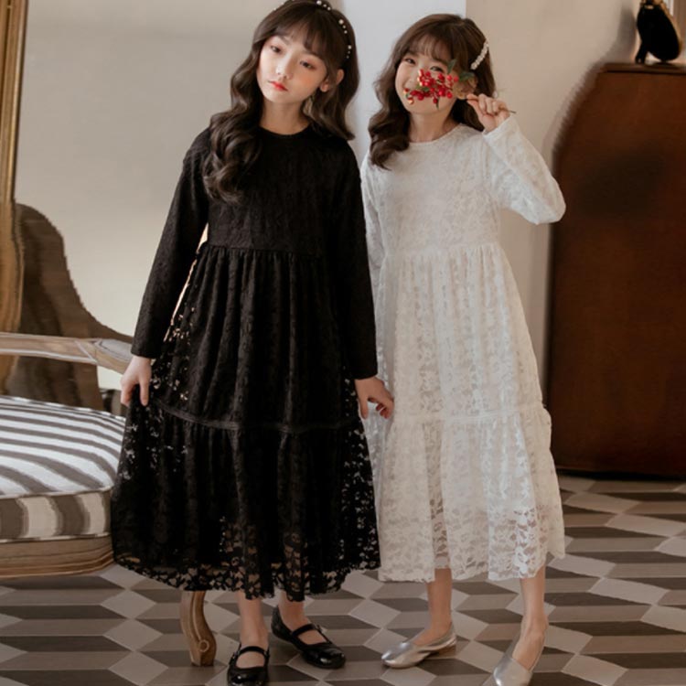 レースワンピース 子供服 女の子 ガールズ ジュニア 子どもワンピース 総レース Aラインワンピース ドレス マキシワンピース ラウンドネック ウエストゴム 長袖 フレアワンピース 裏地付き 薄手 ロング丈 透け感 プリンセス 通学 お姫様 カジュアル 女児 夏新作 テンセイ