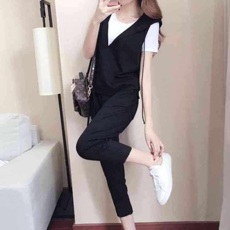 Minana スポーティーセット セットアップ レディース 夏 Tシャツ ベスト ロングパンツ 上下セット シンプル カジュアル フードつき スポーツ ディリー