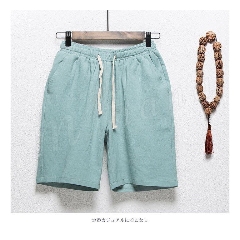 Minana ショートパンツ綿麻ハーフパンツ短パンリネンパンツひざ丈大きいサイズウエストリブメンズ涼しい夏カジュアル無地リラックス