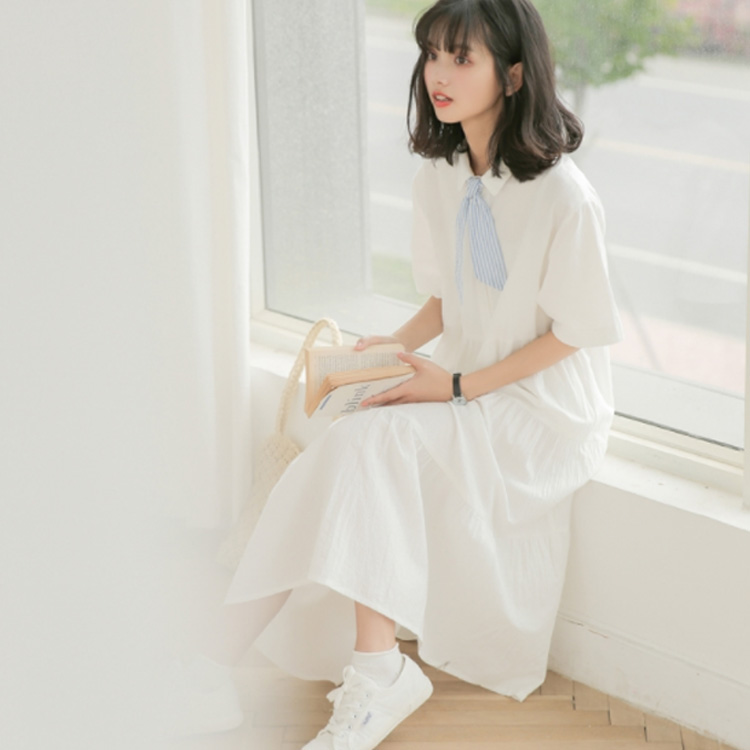 Minana 送料無料 ワンピース フレアワンピース シャツワンピ Aラインワンピース レディース キャンディ少女 森ガール系 レディース ネクタイ 半袖 ゆったり 膝丈 可愛い 新作