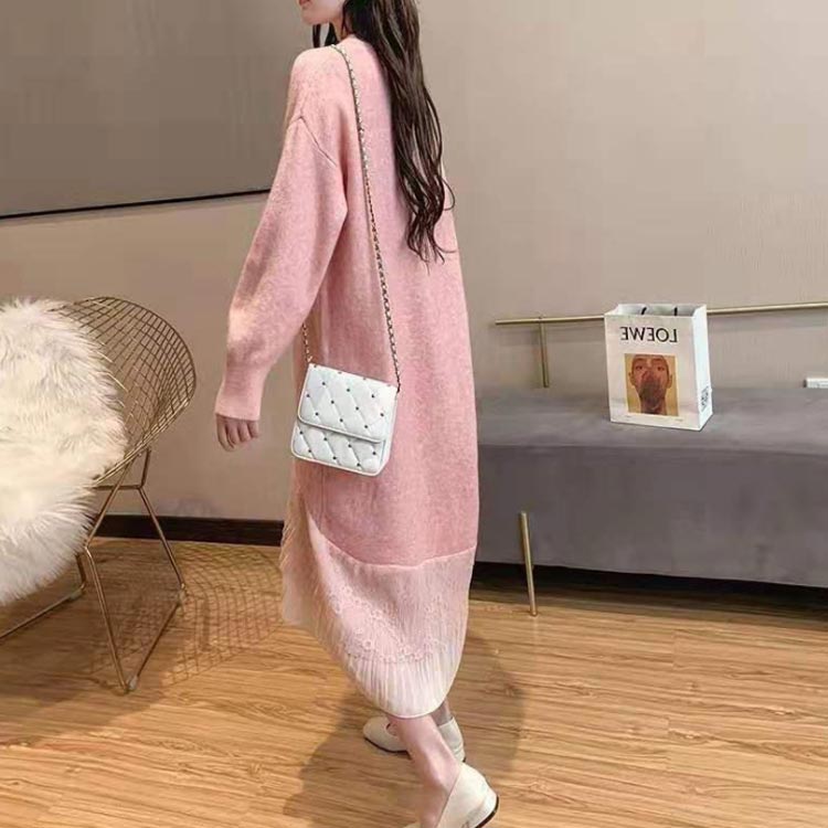 Minana レース 切り替え ニットワンピース 重ね着風 レディース ニットワンピース ドッキングワンピース フェイク レイヤード風 チュールスカート レース スカート 切り替え レイヤード