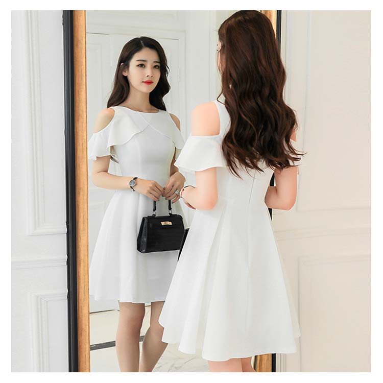 Minana 送料無料 肩出し フリルdesignが可愛いポイント ワンピース 夏ワンピース 肩出しワンピース 肩出し オフショルワンピース フリル ハイウエストワンピース 半袖 膝上丈 Aライン パーティー 結婚式 フォーマル キレイめ