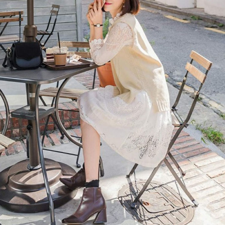 Minana 長袖レースワンピース ニットベスト 2点セット セットアップ 長袖ワンピース ベスト ワンピース レースワンピース レディース 重ね着 レイヤ