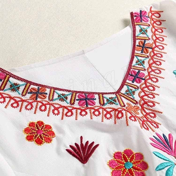 Minana 柔らかで優しげな雰囲気 エスニック風刺繍ワンピース ワンピース 刺繍 エスニックワンピース 刺繍ワンピース 七分袖ワンピース ゆったり 旅行