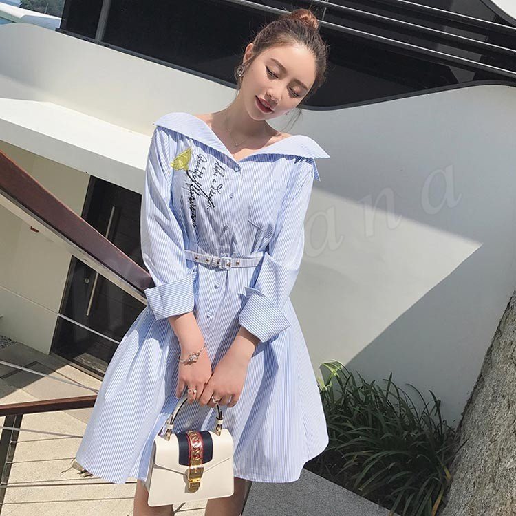 Minana オフショルダー ワンピース 春ワンピース ボーダー柄 ストライブ柄 ミニ丈 レディース オフショル ワンピース シャツワンピース 長袖 肩開き