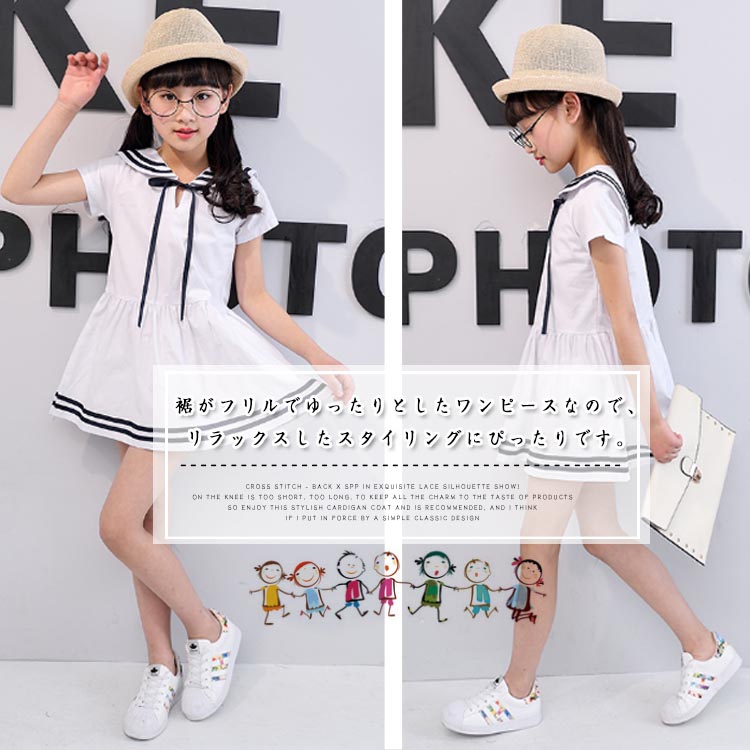 Minana 送料無料子供服 ワンピース 半袖 セーラー服 マリン リボン ネイビー 紺 白 ホワイト 子供服 キッズ 女の子 セーラー風 海軍風 セーラー襟 襟リ