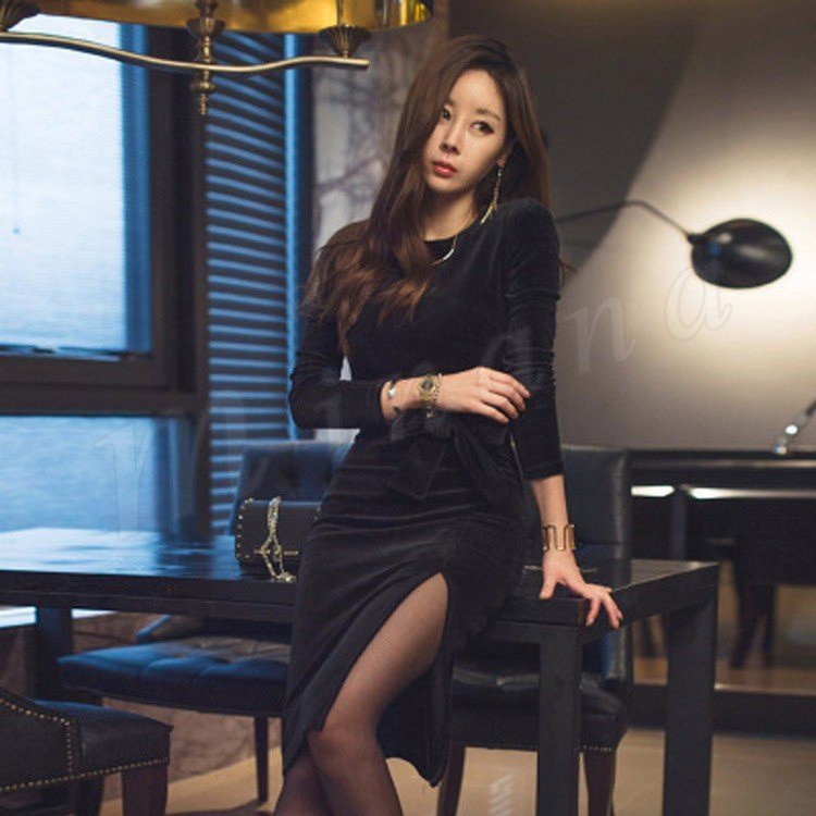 Minana ベロア素材 ワンピース パーティードレス ワンピースドレス セクシー ドレス 長袖 タイトワンピース パーティー 披露宴 膝丈 スリット 大人