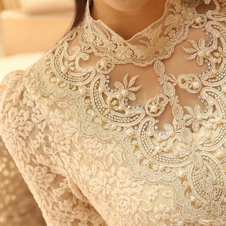 Minana 裏起毛ブラウス トップス スーツインナー 総レース ブラウス シャツ レース刺繍 ハイネック 裏ボア 裏起毛 暖かい レース 長袖 秋冬 レデ