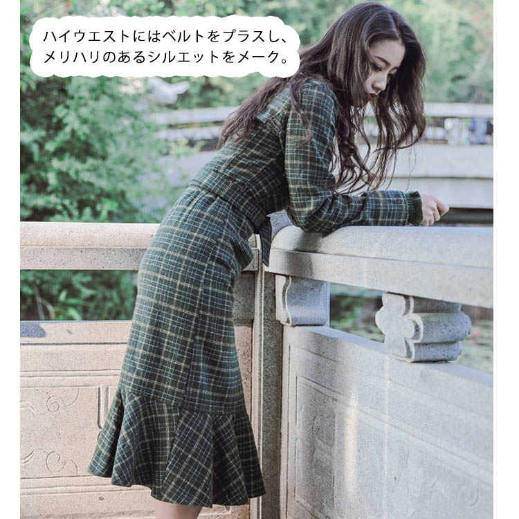 Minana スクエアネックワンピースとタートルニットの2点set チェック柄ロングワンピース トレロ ワンピース ロング 膝下丈 ロングワンピース チェッ