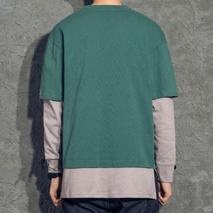 Minana 重ね着風 長袖 Tシャツ メンズ 長袖tシャツ レイヤード風 長袖 Tシャツ クールネック ストリート風 Tシャツ トップス Uネック Tシャツ カットソー 夏男 夏服 コーデ