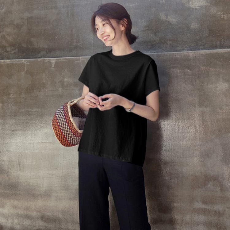 Minana バックフリルカットソー バックフリル トップス ギャザー 後ろ 半袖 無地 Tシャツ ラウンドネック トップス レディース