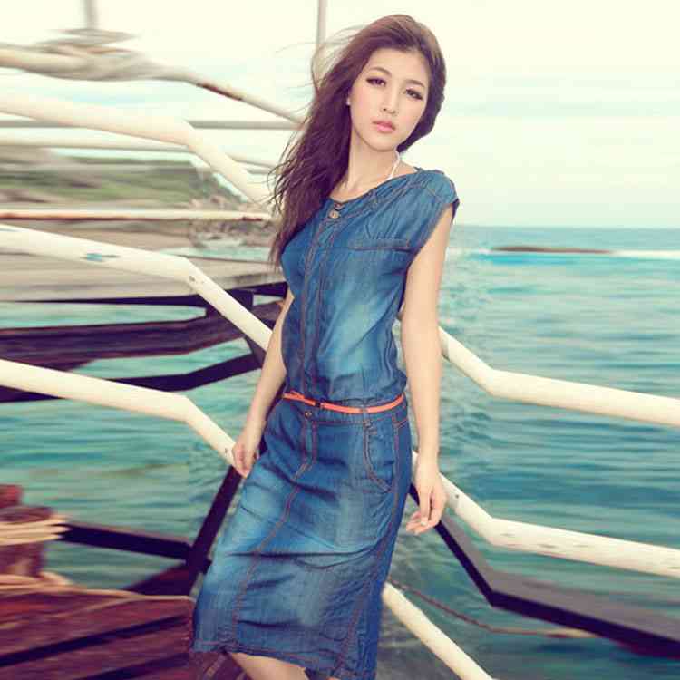 Minana デニムワンピース ノースリーブ デニム シャツワンピ タイトワンピース ワンピ ス レディース ロング丈 夏 春