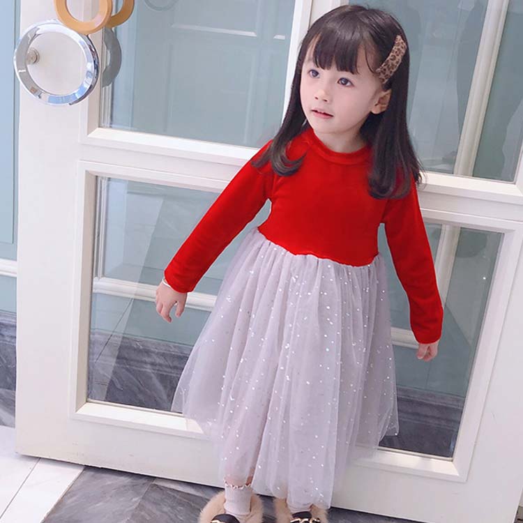 Minana 秋冬新作 キラキラ輝くチュールスカート ドレス ベロア 長袖 女の子 キッズ ワンピース 発表会 ーティー 結婚式 演奏会 子供 ベロアドレス 光沢 上品 フォーマル 長袖ワンピース 子供服