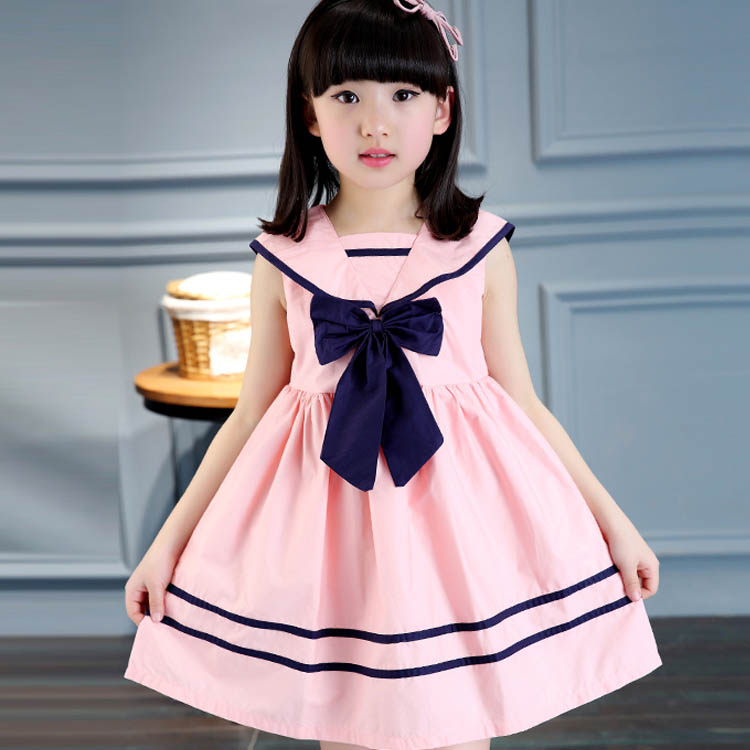 Minana セーラー服 子供ワンピース セーラーワンピース リボン付き コットン ジュニア ノースリーブ 海軍風 膝丈 ひざ丈 ショート丈 バックファス