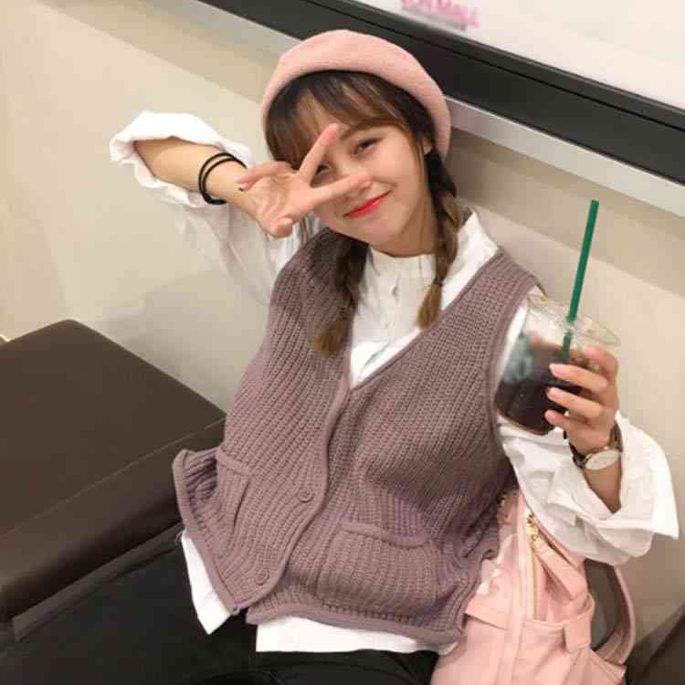 Minana ニット ベスト レディース 前開き ジレ レトロ ニットベスト ポケット付き 女性用 ニットトップス ノースリーブ アウター 可愛い