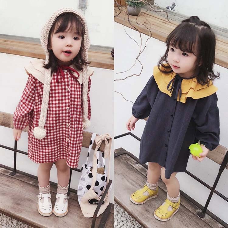 Minana シャツワンピース 長袖 前開き ボタン ミニ丈 ショート丈 子供用 キッズ ミニワンピース ピエロカラー フリル ウィンドカフス リボン 可愛い かわ