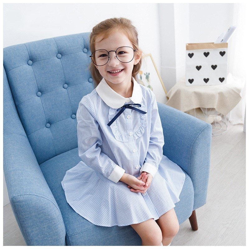 minana / シャツワンピース 長袖ワンピース ストライプワンピース フレアワンピース ミニワンピース 子供服 春 秋 キッズ 女の子 女児  小学生 リボン フリル