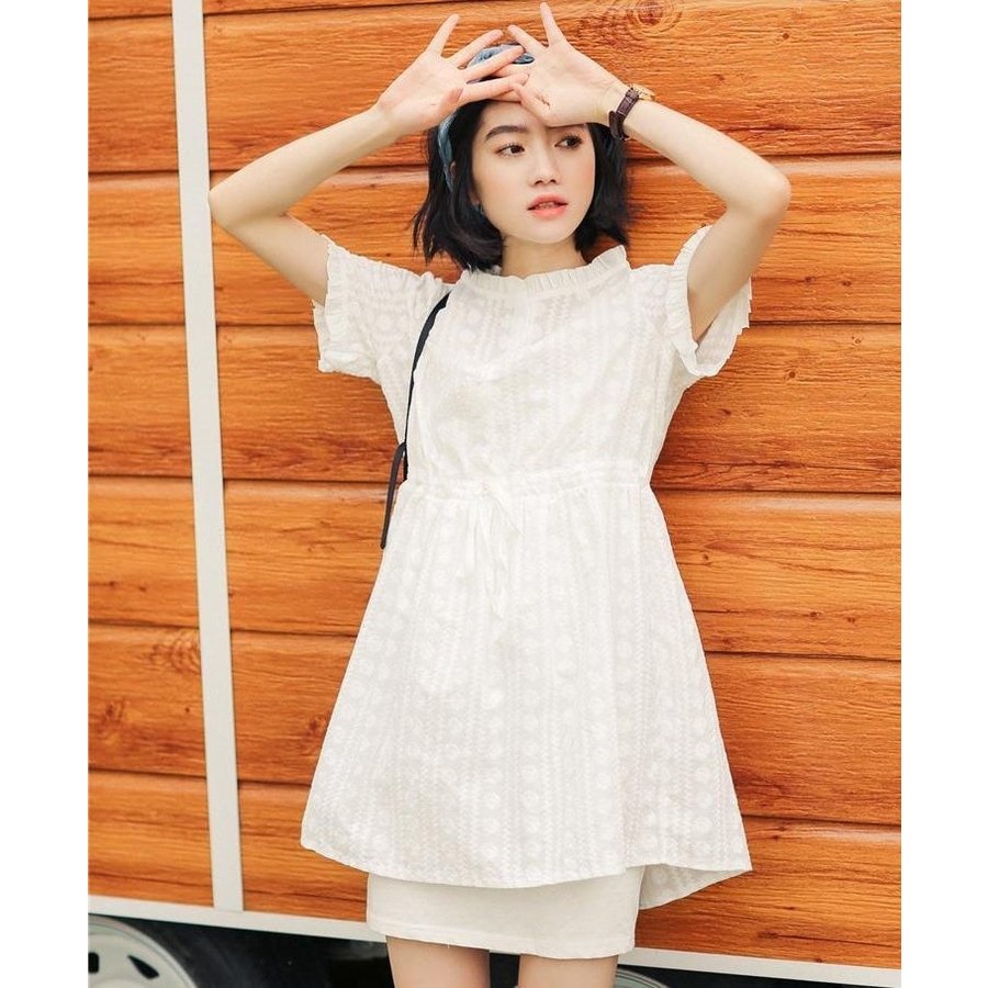 Minana レディース ワンピースチュニック ミニワンピース チュニック 半袖 ミニ丈 ショート丈 フレアスカート 膝上 Aライン ウエスト絞り ウエスト紐付き