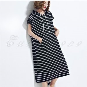 Minana 新作 パーカーワンピース レディース ノースリーブ 半袖 ボーダー柄 フード付き 帽子 ロング丈 ゆったり 大きいサイズ きれいめ 夏用 おしゃれ P763