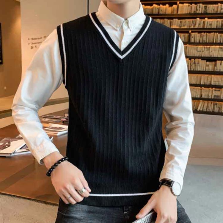 Minana 全6色 5サイズ ニットベスト Vネック ニット プルオーバー セーター ノースリーブニット 袖なし ニットトップス ライン入り 大きサイズ メンズ 秋冬