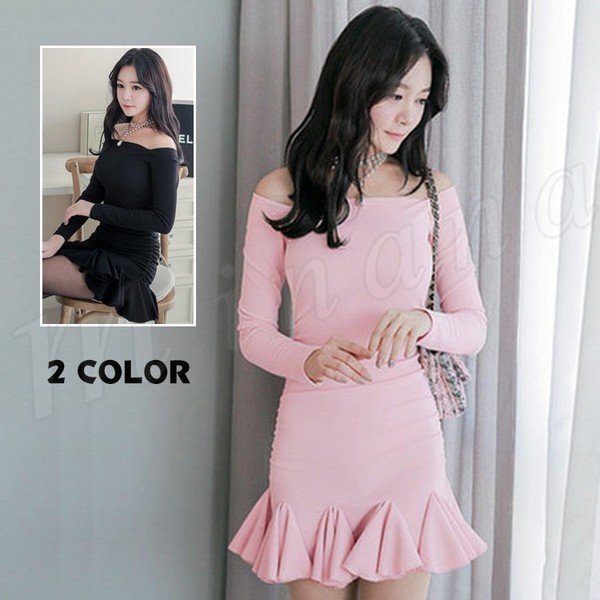 Minana ボートネック ワンピース 長袖ワンピ フリル裾 ショート丈 ミニワンピ 肩出し 無地 シンプル スリム タイト セクシー