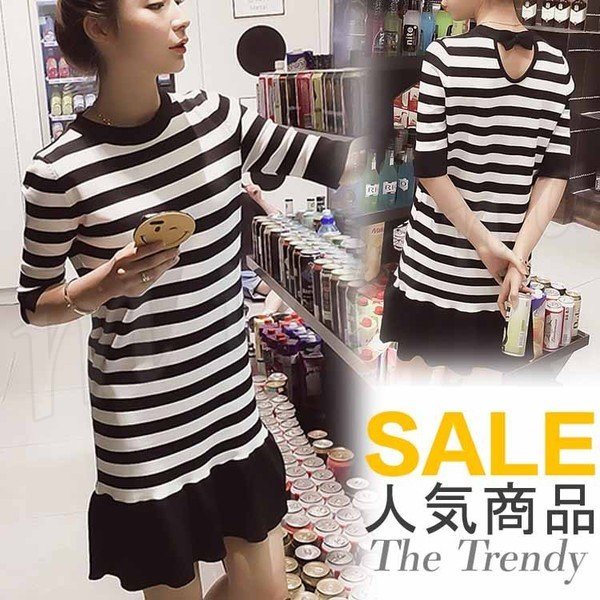 Minana 春ワンピース バックリボン ワンピース ニットワンピース 半袖 ボーダー ワンピース 大人可愛い マリン 春夏 レディース