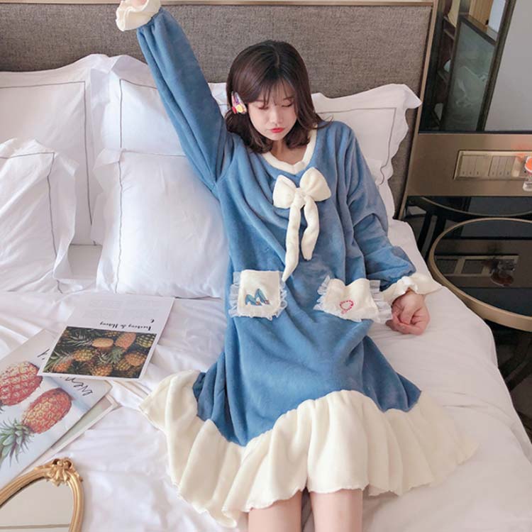 Minana ネグリジェ 可愛い 姫 レディース ルームウェア ワンピース ふわふわ パジャマ 部屋着 ルームワンピース 柔らかい 姫系 あったか 長袖 秋冬 大きいサイズ フレア リボン フリル ナイトウェア もこもこ