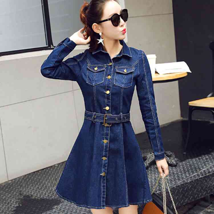 Minana ベルト付きデニムワンピース ワンピース デニムワンピース デニム シャツワンピース 前開き デニムシャツ ミディアム Aライン 長袖 ワンピ ベルト ボタン開き 春秋 大人 可愛い