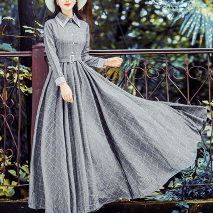 Minana 約130cmの超ロング丈 チェック柄 マキシワンピース マキシ丈 長袖 ワンピース ロングワンピース シャツワンピース クラシック トレロ ハイウエスト フレア 通勤 森ガール 大人 上品 可愛い