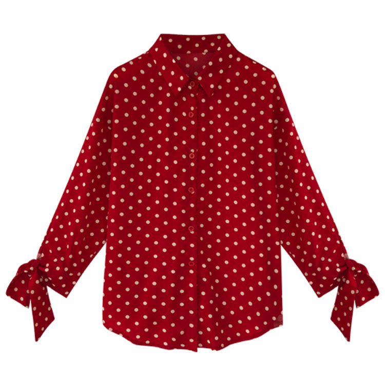 Minana 送料無料 さりげない袖リボン ドット柄 大きサイズ シャツ ドットシャツ レディース 長袖シャツ ドット柄 水玉柄 ロングシャツ 長袖 シフォン 春 夏 おしゃれ 女性 リボン かわいい