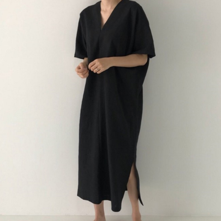 Minana 送料無料 サイドスリットがこなれた感アップ リネンvネックワンピース 綿麻 リネンワンピース 麻 Vネック 体型カバー リネンワンピ 麻ワンピ 半袖 ゆったり スリット ナチュラル 春 夏