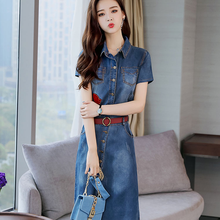 Minana 送料無料 M 2xlサイズ デニムワンピース 五分袖 デニムシャツワンピース デニム タイトワンピース ミディアム 膝丈 ワンピース デニム 花柄 春 夏 大人 上品