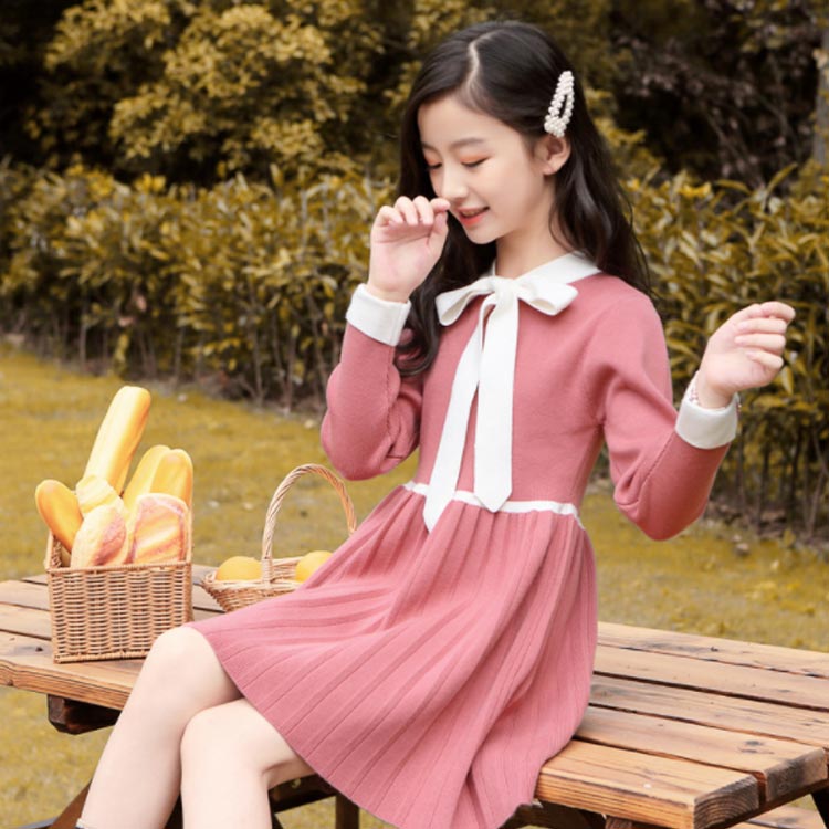 Minana 姫系 ニットワンピース ジュニア 子供 ワンピース 長袖 ニット リボンタイ リボン バイカラー 配色 プリーツ プリンセス 女の子 キッズ 子供服 通学 通園 お出かけ 結婚式 パーティー 130 140 150 160 170