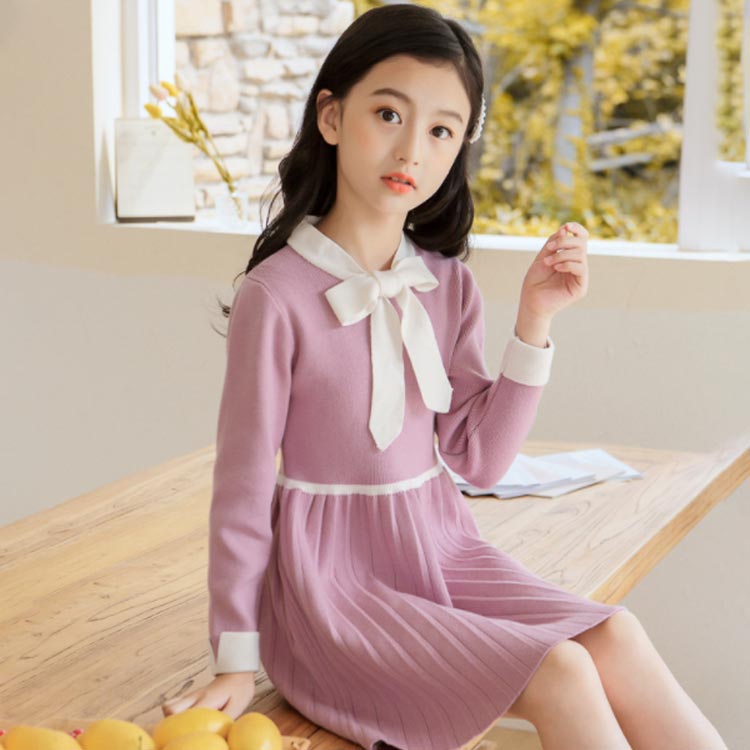 Minana 姫系 ニットワンピース ジュニア 子供 ワンピース 長袖 ニット リボンタイ リボン バイカラー 配色 プリーツ プリンセス 女の子 キッズ 子供服 通学 通園 お出かけ 結婚式 パーティー 130 140 150 160 170