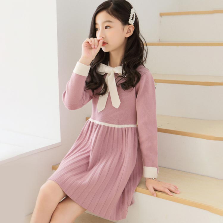 Minana 姫系 ニットワンピース ジュニア 子供 ワンピース 長袖 ニット リボンタイ リボン バイカラー 配色 プリーツ プリンセス 女の子 キッズ 子供服 通学 通園 お出かけ 結婚式 パーティー 130 140 150 160 170