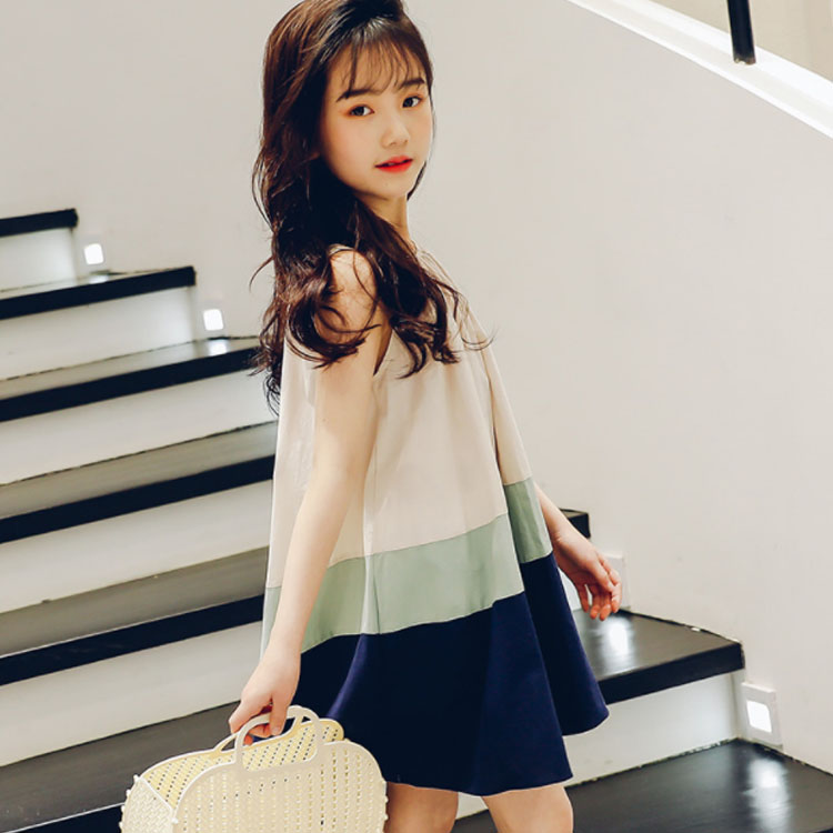 Minana 送料無料 ワンピース 子供服 女の子 ガールズ ジュニア キャミソールワンピース ひざ丈ワンピース 夏ワンピース ノースリーブ ワンピース 切り替え 重ねフリル バイカラー カジュアル ルーズ 人気 お洒落 かわいい シンプル 優雅 ガールズ 夏物 夏新作